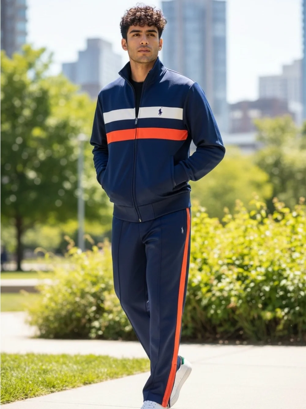 Vintage Polo by Ralph Lauren Navy Track Jacket White & Orange Stripes Men size M